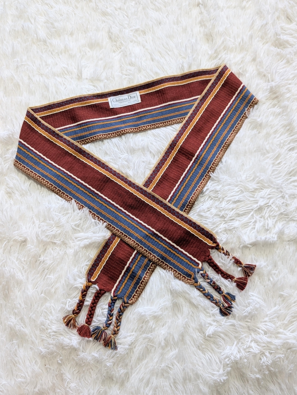80s Vintage Christian Dior Hand Loomed Ceintures Striped Sash Tassel Belt